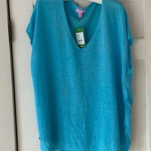 NWT LILLY PULITZER SANFORD sweater turquoise L/XL VNECK linen pool house blue